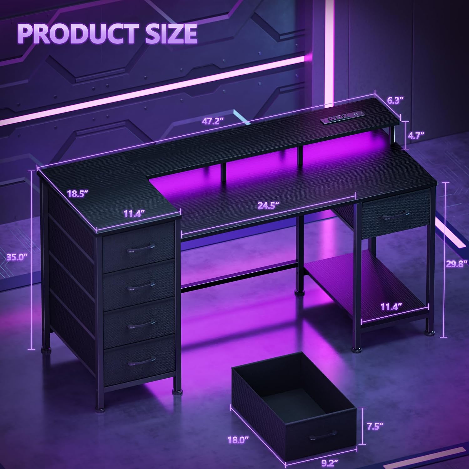 Korfile 47 Inch Gaming Desk With Power Outlets And Led Lights, Reversible Computer Desk With 5 Fabric Storage Drawers, Home Office Desk With Monitor Stand For Working Writing Study, Black