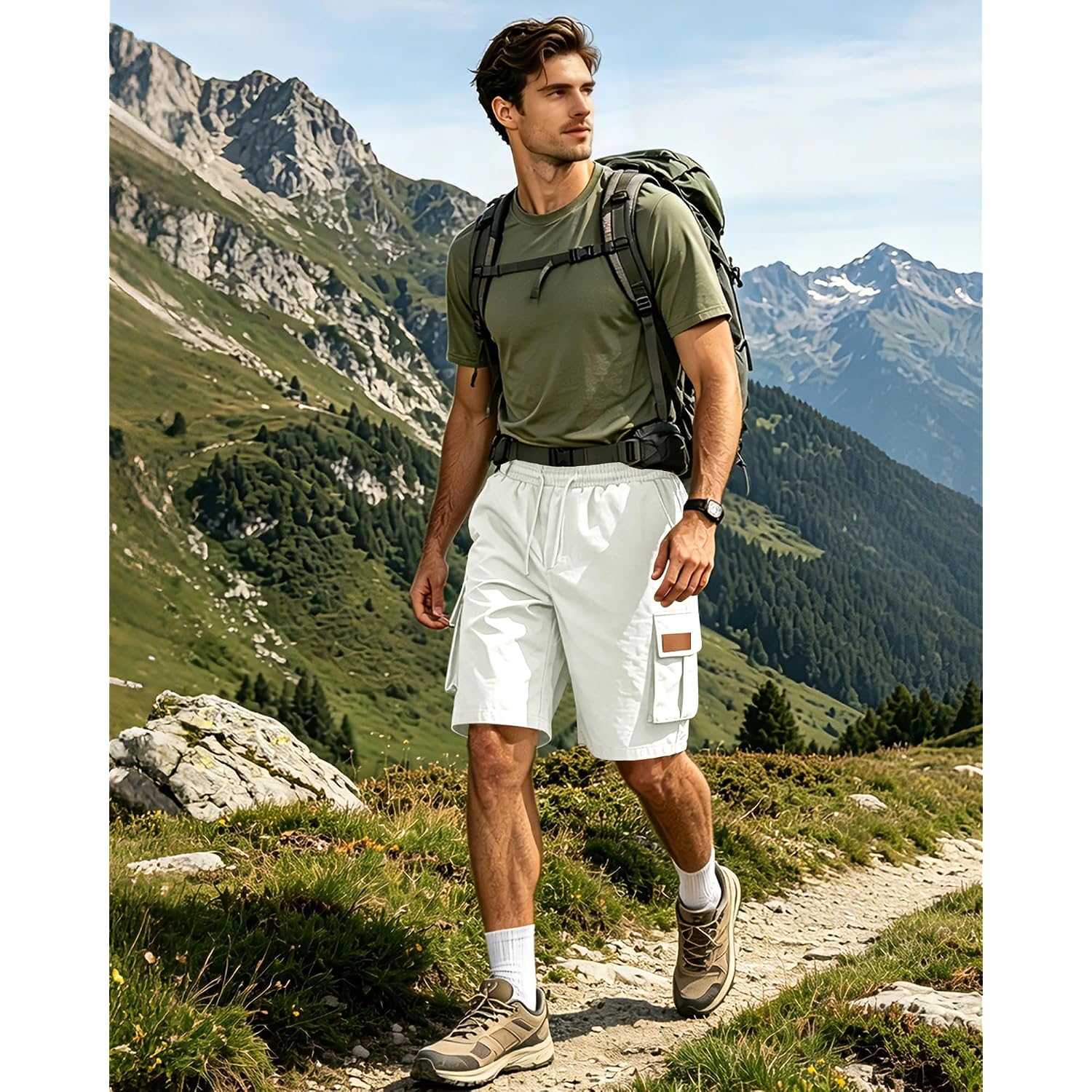 Mens Cargo Shorts Elastic Waist Drawstring Hiking Shorts For Men Stretch Casual Short With 5 Pockets