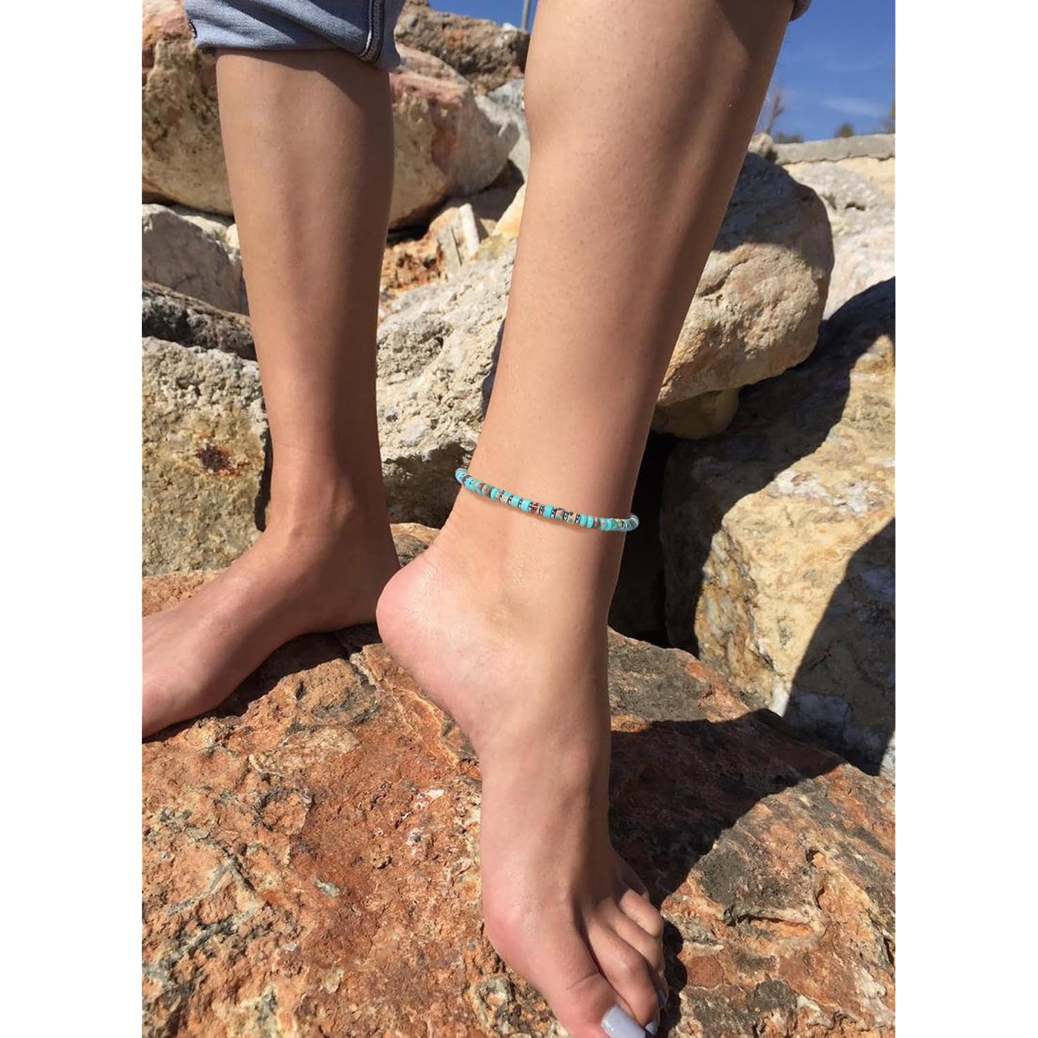 XIJIN Natural Stone Beaded Anklets for Women Handmade Beach Boho Turquoise Beads Ankle Bracelet Jewelry Gift for Her