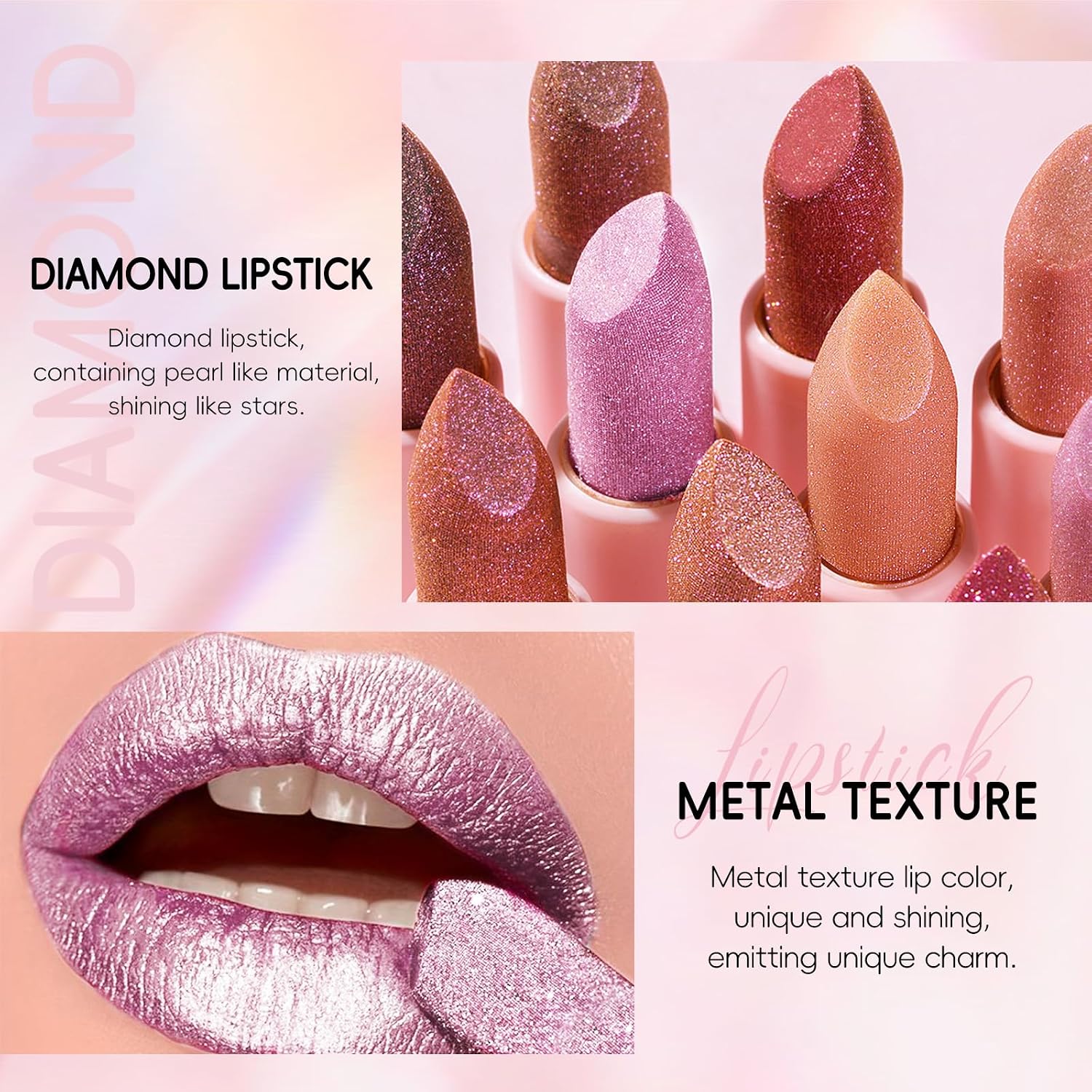 Hosaily Metallic Pink Frost Glitter Lipstick For Women, Long Lasting High Shine Diamond Creamy Nude Light Pink Lipstick Transfer Proof,Shimmer High Impact Full Coverage Non Stick Cup Lip Makeup#1