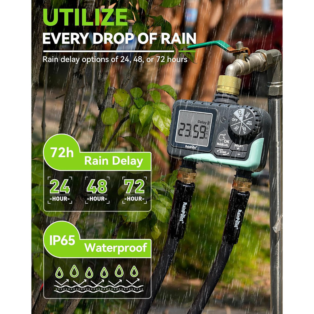 Rainpoint 2 Zone Sprinkler Timer With Brass Inlet And Outlet - Water Timer For Garden Hose With Rain Delay/Manual Watering/Automatic Irrigation Controller System For Yard Lawn Garden(Blue)