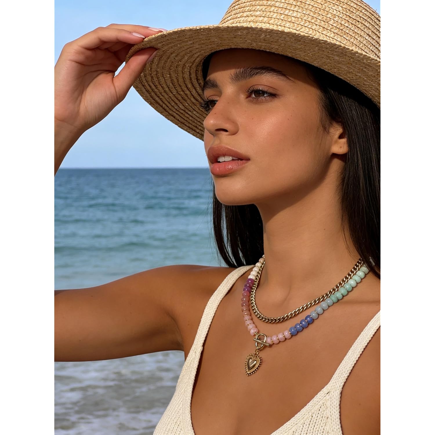 Layered Necklaces for Women, 14K Gold Plated Heart Pendant & Colorful Acrylic Beaded Choker, Cute Trendy Jewelry, Anti-Tangle Single Clasp Design, Summer Beach Boho Necklace for Women