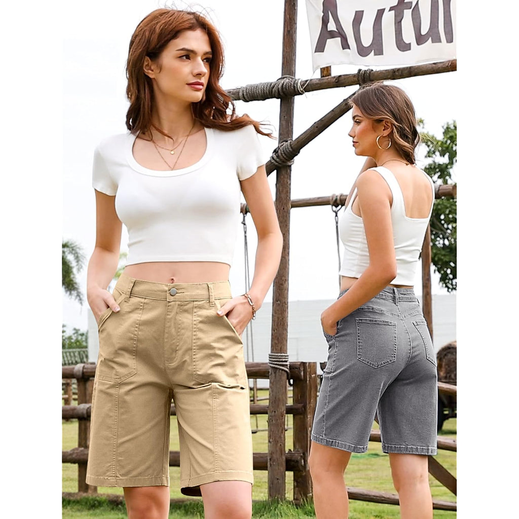 Bermuda Shorts for Women Long Knee Length Jean Shorts Denim Stretchy Cotton Jorts with Pockets Casual Relaxed Fit
