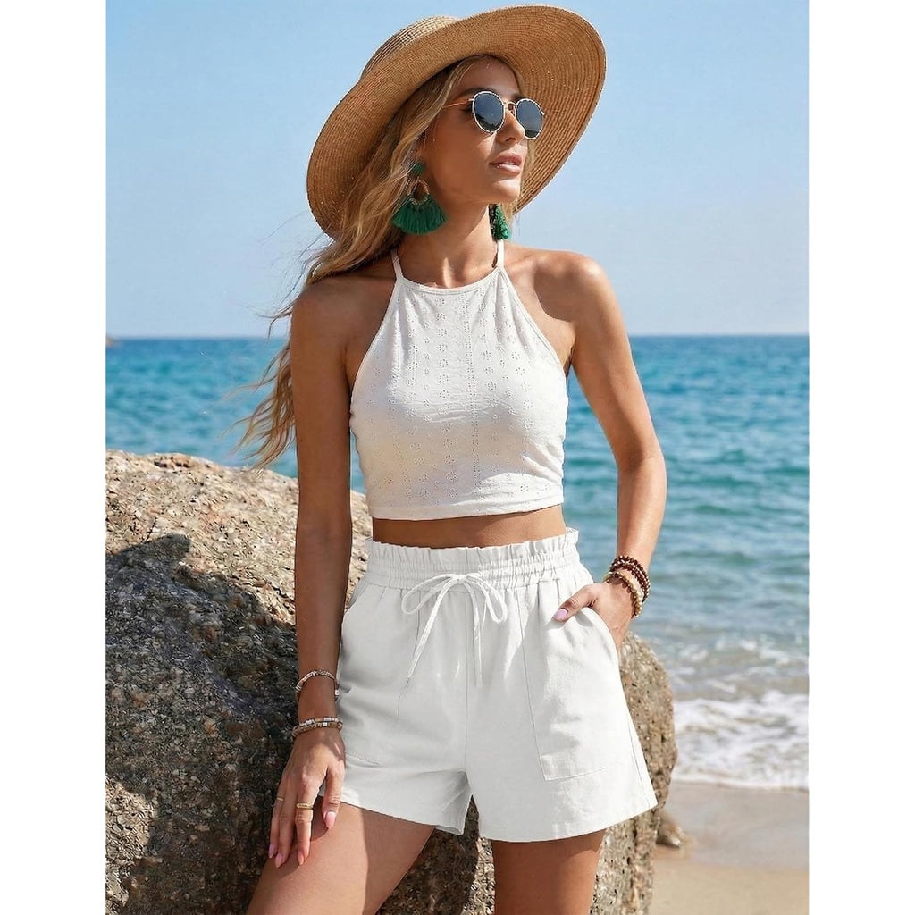 Linen Shorts for Women Summer Ruffle Waist Mid Waisted Drawstring Wide Leg Shorts with Pockets Vacation Outfit