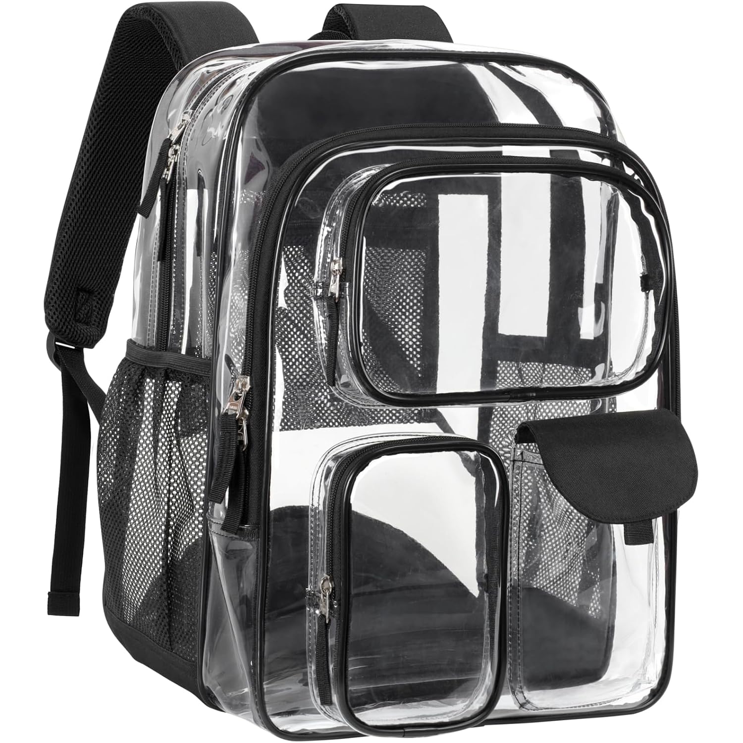 Clear Backpack For School - 18 Inch Extra Large Clear Bookbag Black | Heavy Duty Pvc, 3 Front Pockets, 2 Large Compartments, Fit 16" Laptop, 900D Oxford Base, Padded Straps And Back, Age 12+