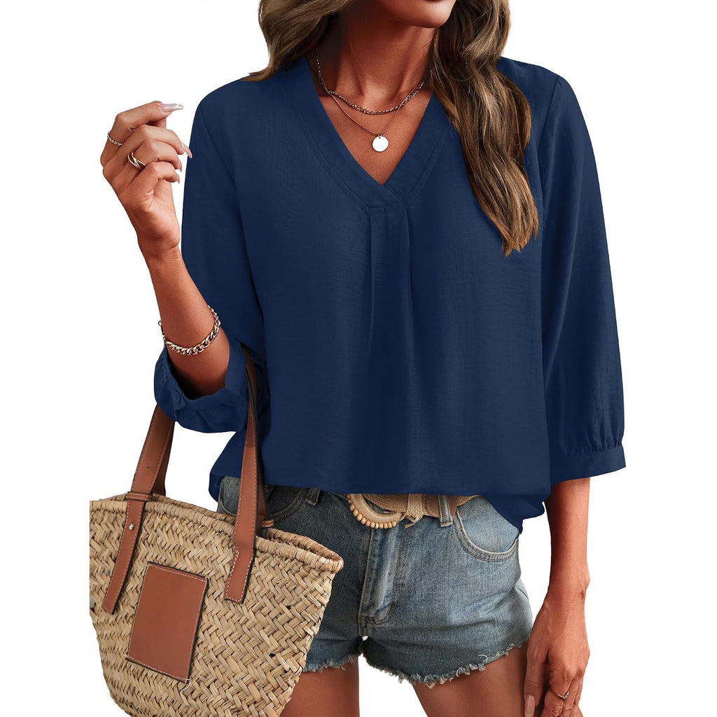 Lomon Womens 3/4 Sleeve V Neck Boho Peasant Blouses Dressy Casual Breathable Soft Tunic Tops With Button Cuffs