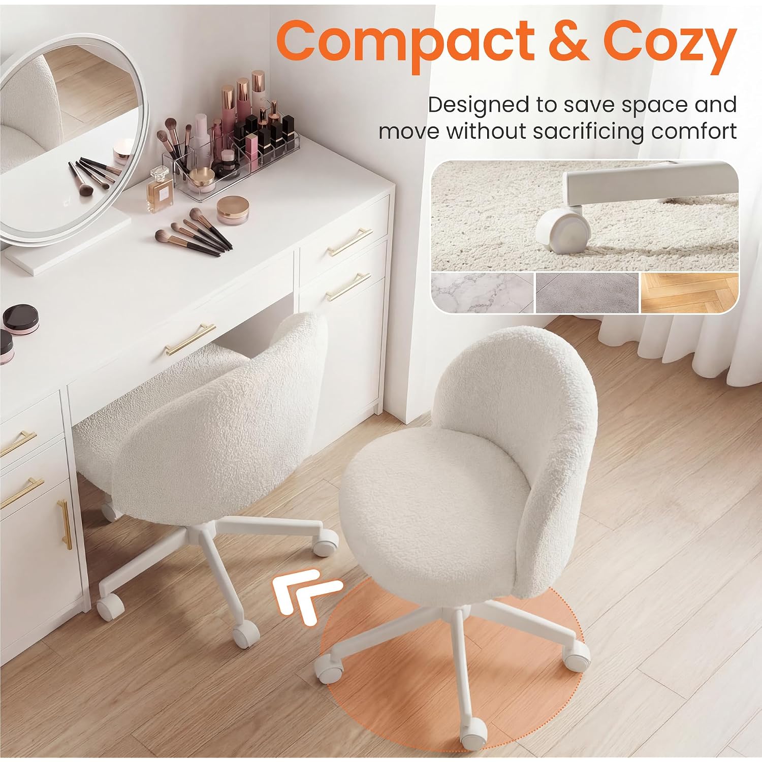 Neo Chair Office Vanity Chair With Wheels Comfy Desk Chair For Girls Cute Computer Small Armless Adjustable Height Swivel For Home Bedroom Task (White)