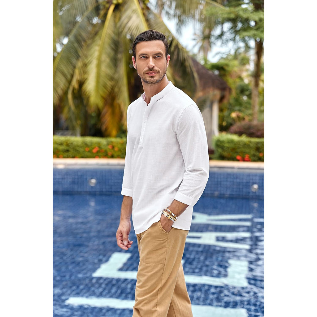 Mens Linen Henley Shirts Long Sleeve Hippie Yoga Summer Beach Casual Henleys T-Shirt