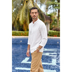 Mens Linen Henley Shirts Long Sleeve Hippie Yoga Summer Beach Casual Henleys T-Shirt