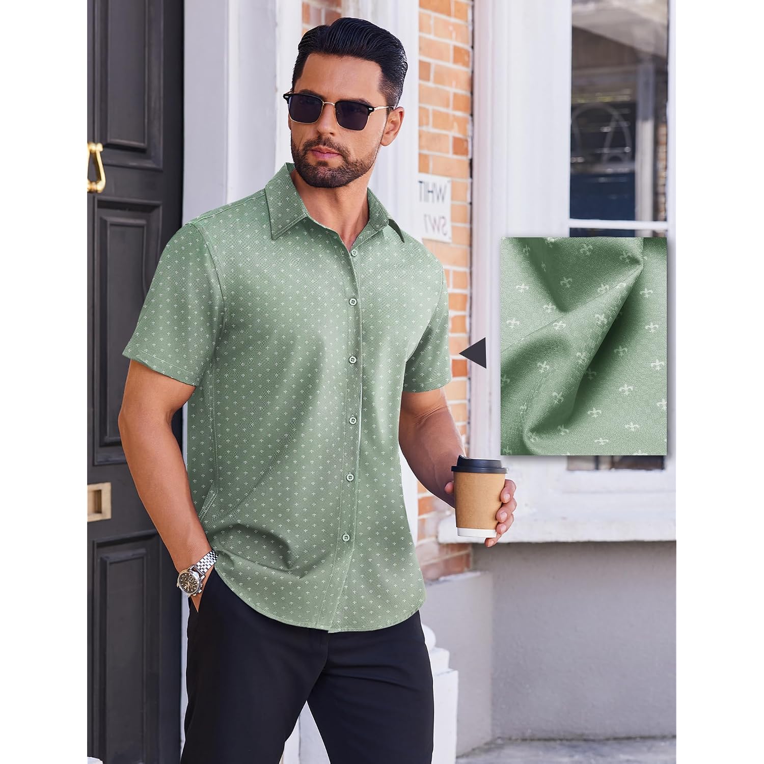 Coofandy Mens Wrinkle Free Dress Shirt Polka Dot Short Sleeve Button Down Business Casual Shirts
