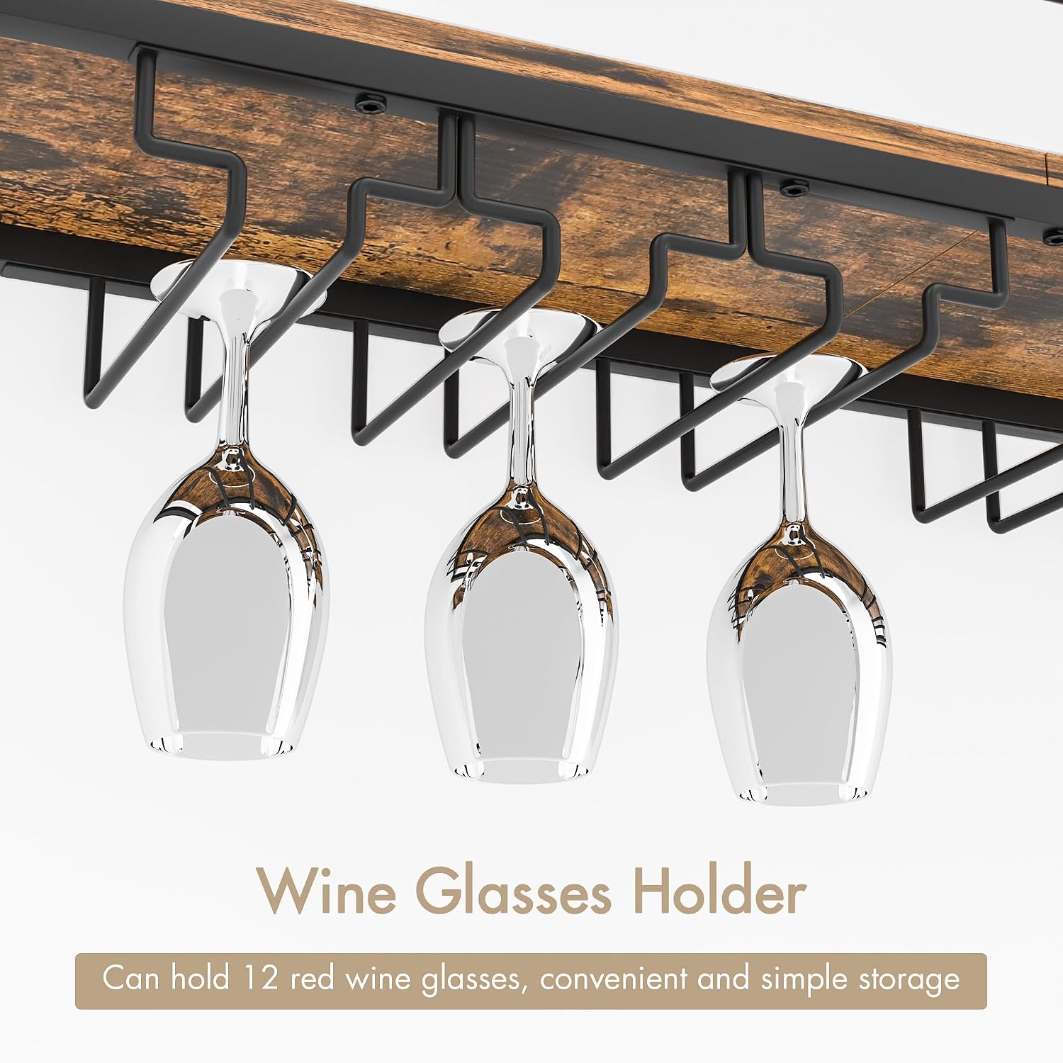 Wall Mounted Wine Rack With Led Light, 31.5" Bar Liquor Shelves With Glass Holder, Metal Hanging Bar Shelves Wine Storage Rack Display For Kitchen Home Bar Dining Room Living Room