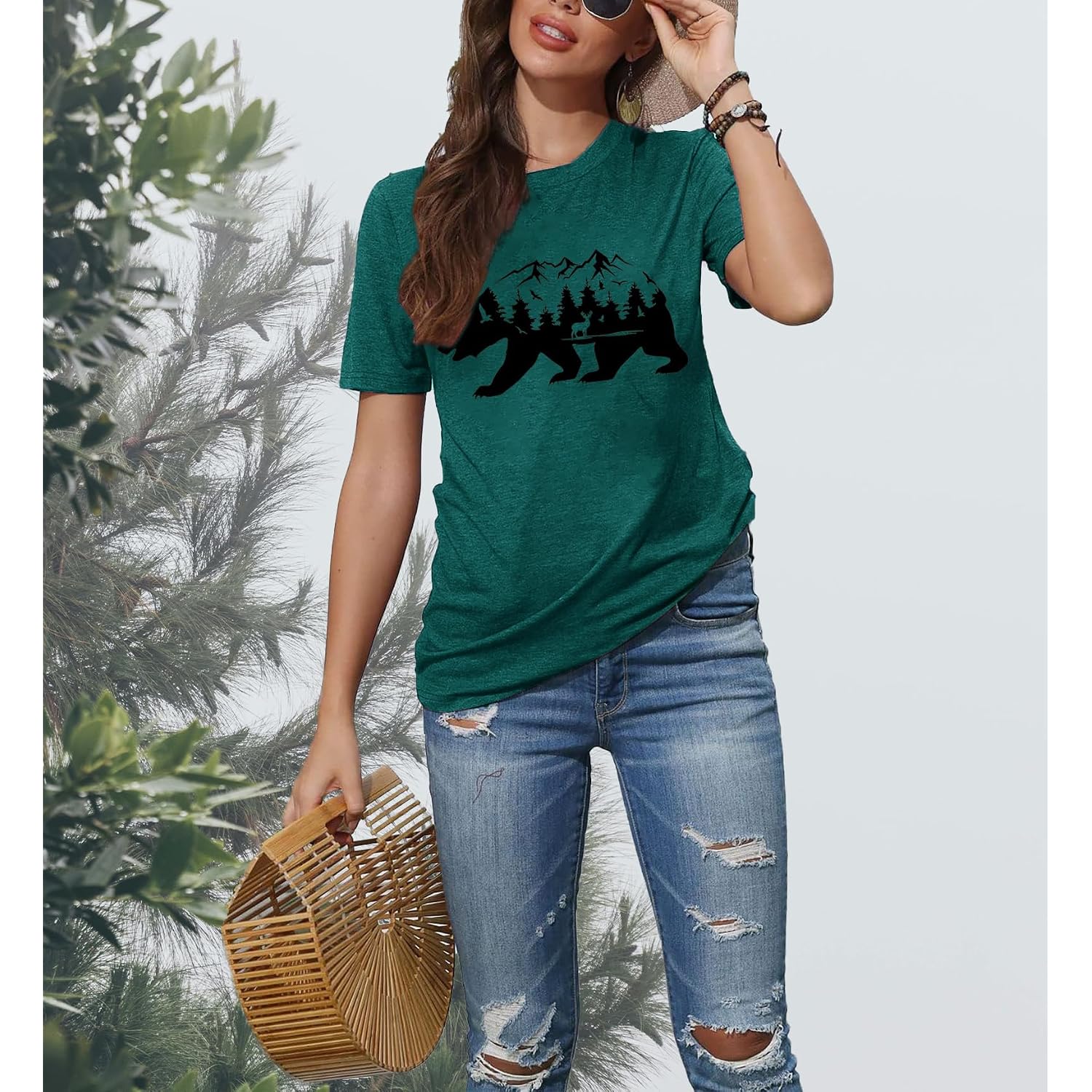 Vintage Boho Graphic Tees for Women Summer Round Neck Nature Cottagecore Tee Tops Bear Green