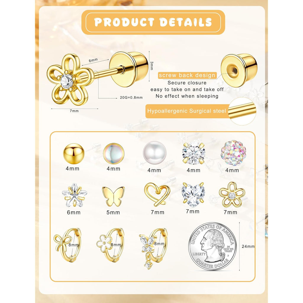 Hypoallergenic Surgical Stainless Steel Earrings for Girls Kids Jewelry - Screw Back Earrings for Sensitive Ears Cute Flower Heart Pearl bow Earrings for Women