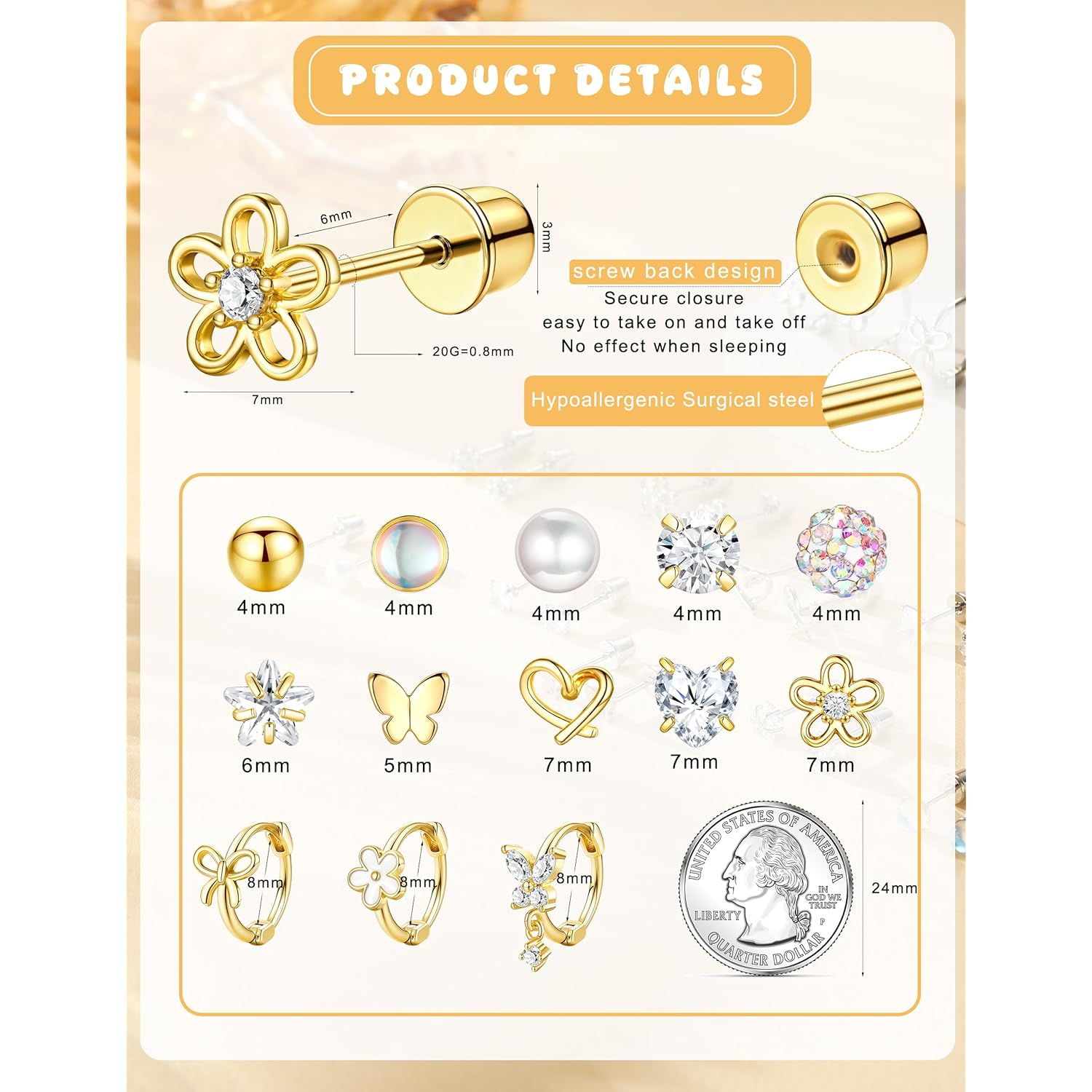 Hypoallergenic Surgical Stainless Steel Earrings for Girls Kids Jewelry - Screw Back Earrings for Sensitive Ears Cute Flower Heart Pearl bow Earrings for Women
