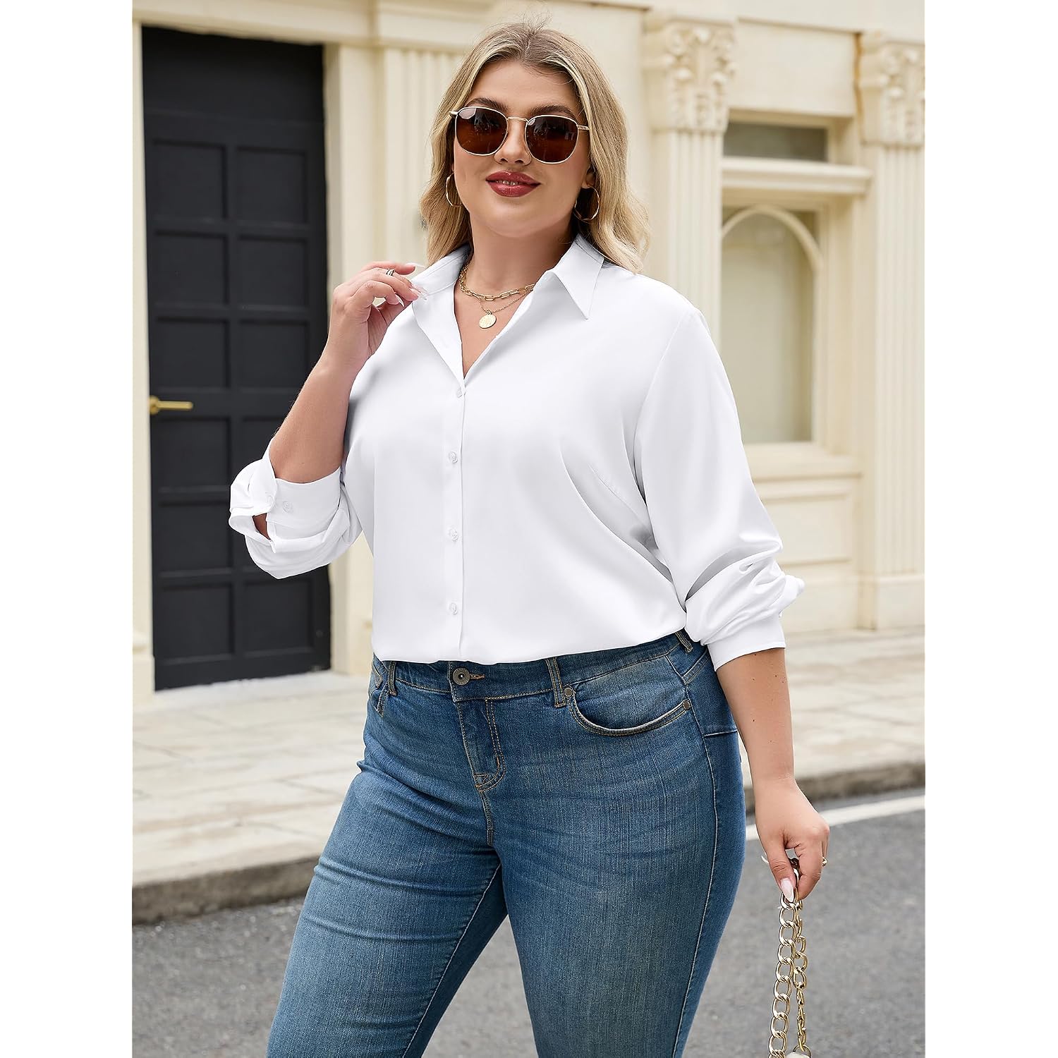 Siliteelon Plus Size Button Down Shirts For Women Dress Shirt Stretch Long Sleeve Collared Shirt Wrinkle Free Work Blouse Top