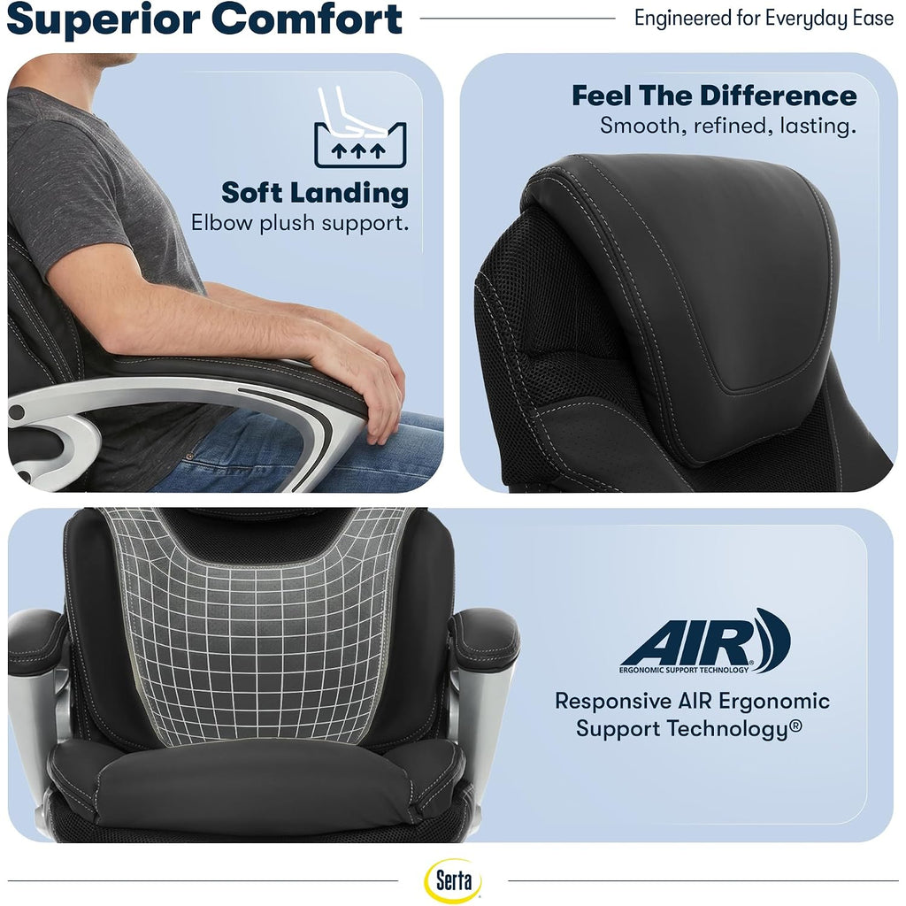 Serta Bryce Executive Office Chair - Ergonomic Computer Deskchair With Lumbar Technology - Adjustable Height - Memory Foam Body Pillows - 360° Swivel Rolling Base - Bonded Leather - Black