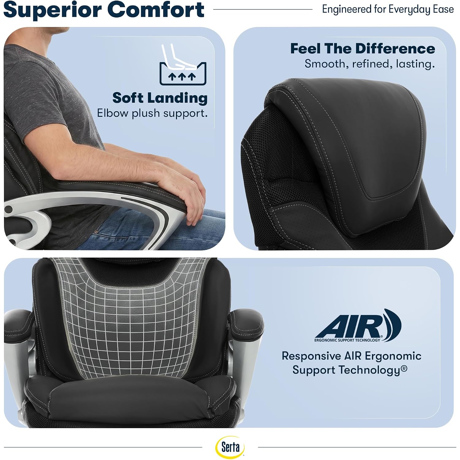 Serta Bryce Executive Office Chair - Ergonomic Computer Deskchair With Lumbar Technology - Adjustable Height - Memory Foam Body Pillows - 360° Swivel Rolling Base - Bonded Leather - Black
