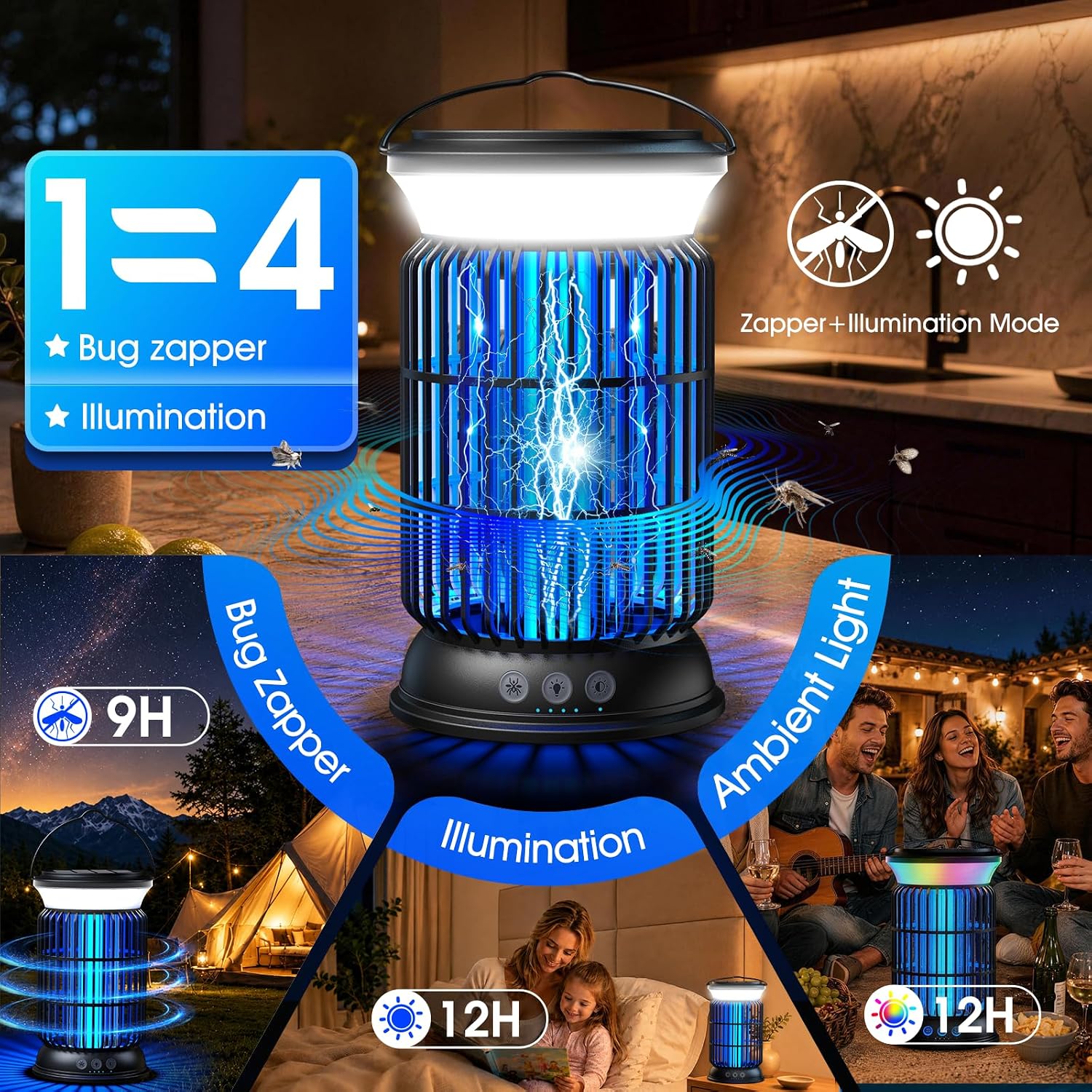 Solar Bug Zapper Outdoor, 4 In 1 Outdoor Essential, 4200V Mosquito Zapper With Ambient Light, Smart Auto Mode, Solar Usb Power For Camping Patio Garden Outdoor Living