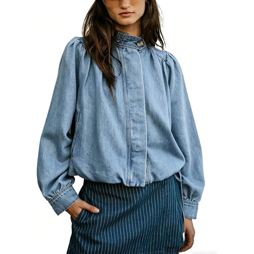 Women'S Denim Jacket With Puff Sleeves Button Down Jean Top Outfit Casual Vintage Shacket For Women
