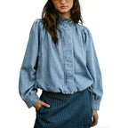 Women'S Denim Jacket With Puff Sleeves Button Down Jean Top Outfit Casual Vintage Shacket For Women