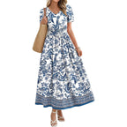Ofeefan Maxi Dresses For Women V Neck Ladies Midi Long Dress A Line Smocked Waisted Casual Summer Spring Clothes Boho Beach