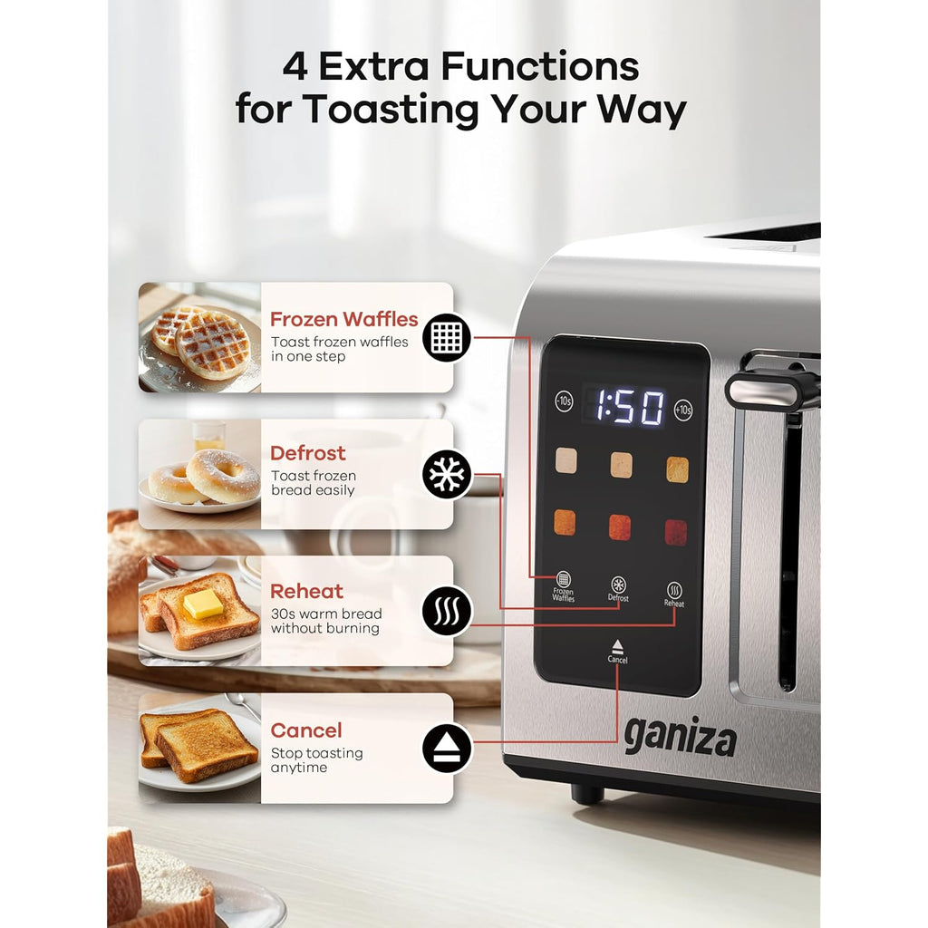 Ganiza Smart Toaster 2 Slice With Touchscreen, Digital Countdown Timer, Touch Screen Toaster Wide Slot, Full Stainless Steel, Defrost Reheat Cancel, +/-10S Fine-Tune, Removable Crumb Tray, Max 925W