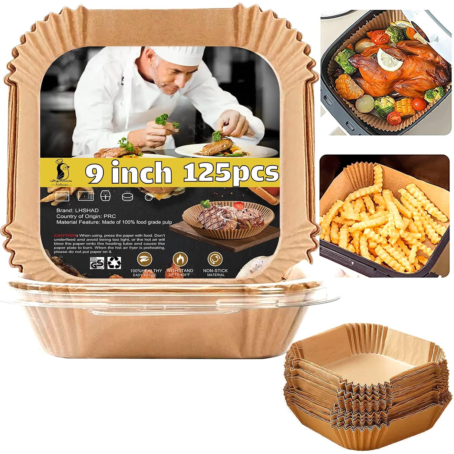 Air Fryer Liners Disposable 9 Inch, 9 Inch Air Fryer Liners 125 Pcs Large Square Air Fryer Paper Liners For 5Qt 6Qt 8Qt Air Fryer, Non-Stick Parchment Paper For Frying, Baking