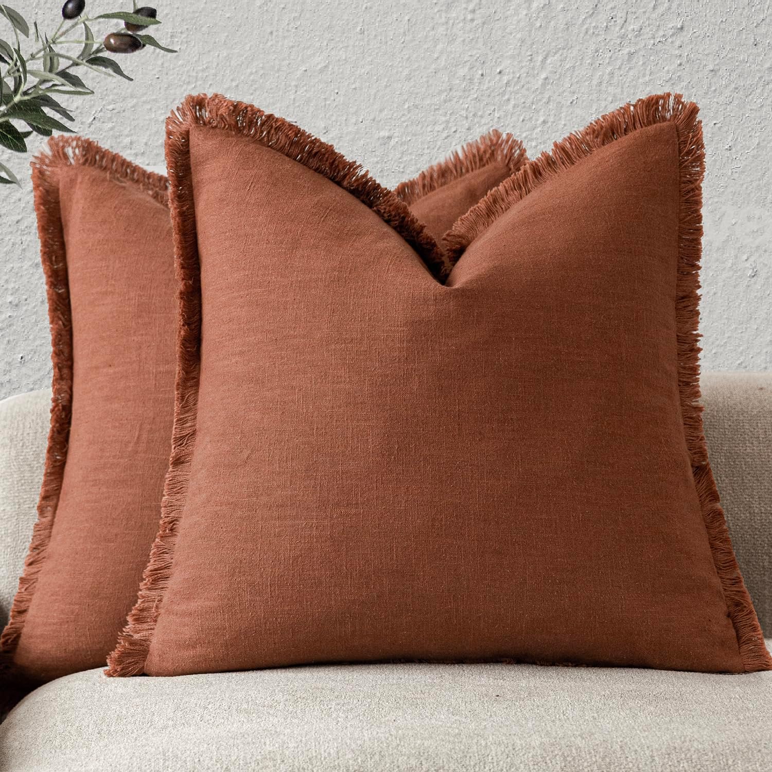 Foindtower Set of 2 Decorative Linen Fringe Throw Pillow Covers Farmhouse Cushion Cover with Tassels Soft Accent Pillowcase for Couch Chair Sofa Bed Living Room Home Decor,20×20 Inch,Fall Rust Orange