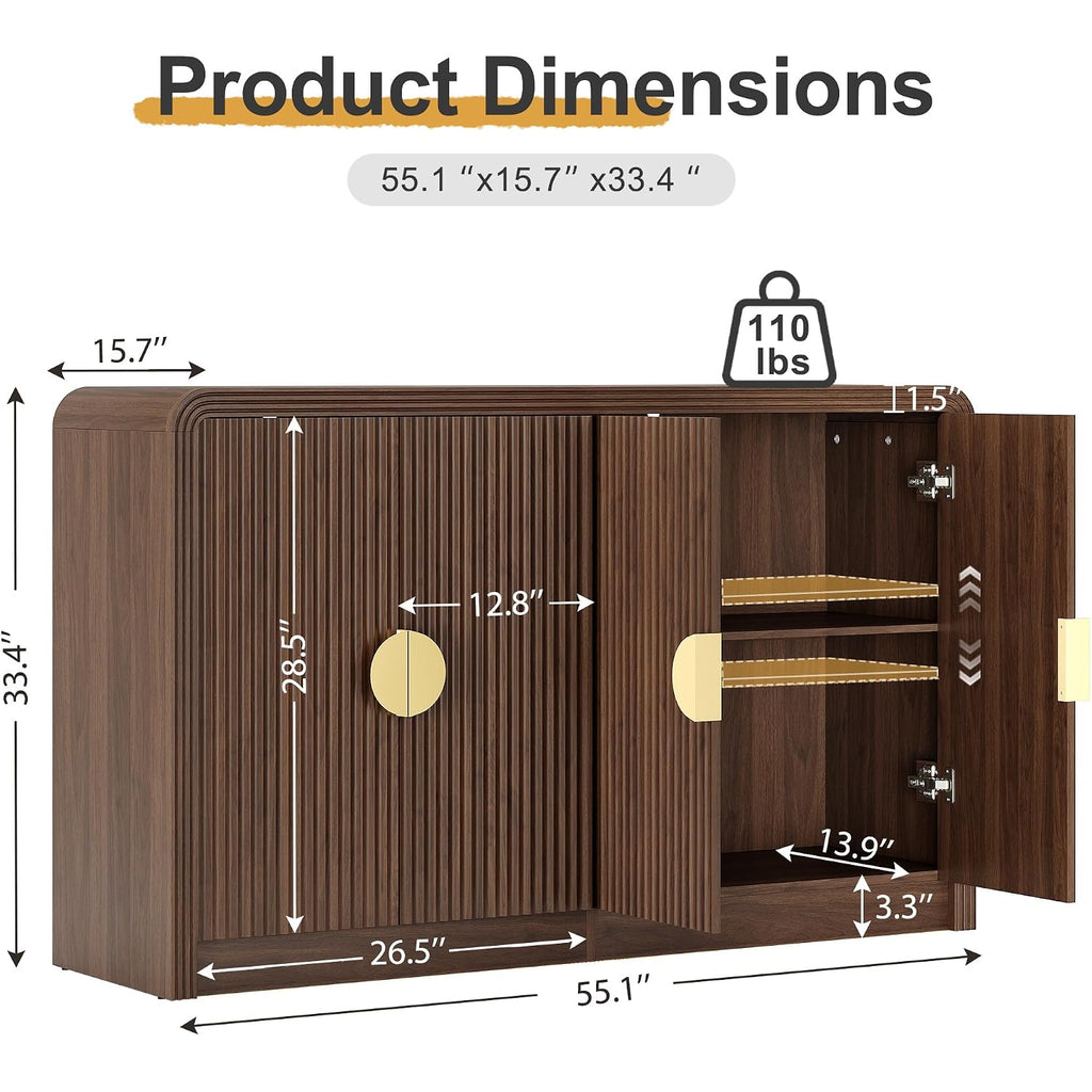 Decofy 55" Fluted Buffet Sideboard Cabinet, Modern Mid Century Console Cabinet With Adjustable Shelves & Wavy Grain Doors For Kitchen Cabinet Storage,Living Room,Entryway,Coffee Bar Cabinet (Walnut)