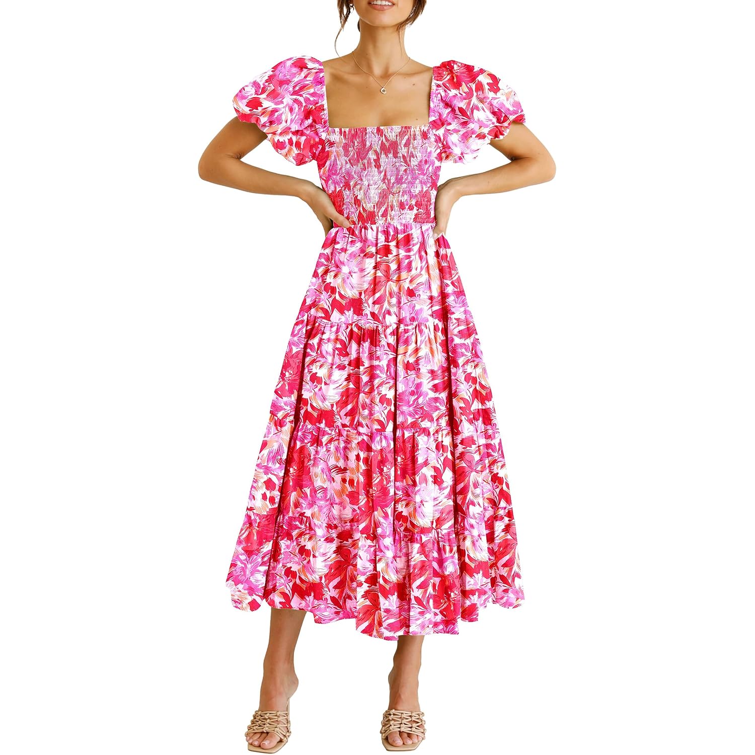 Prettygarden Women'S Casual Summer Midi Dress Puffy Short Sleeve Square Neck Smocked Tiered Ruffle Dresses