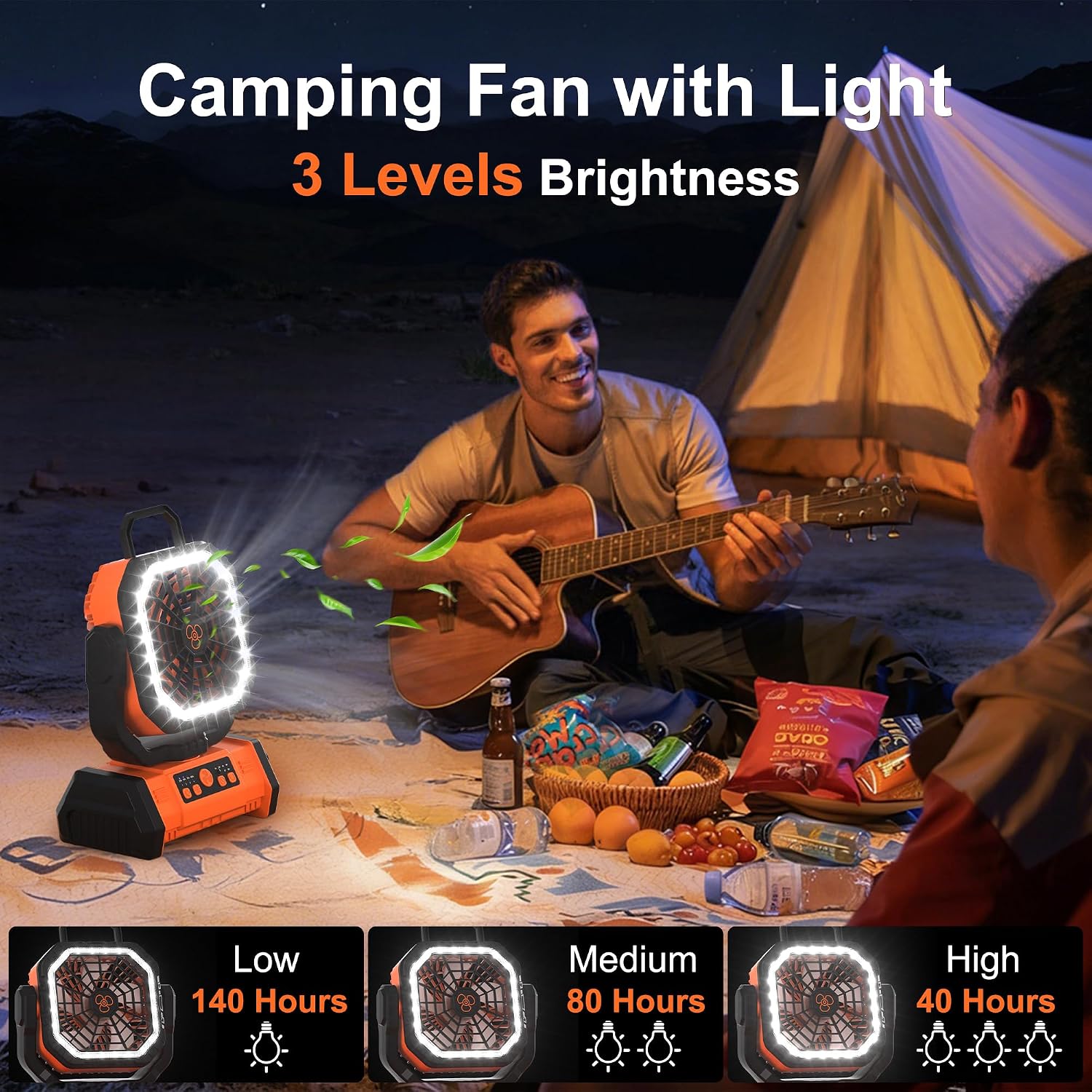 Portable Rechargeable Fan 20000Mah, Camping Fan With Led Light & Remote, Usb C Cordless Battery Powered, 4 Speeds Timer Hanging Hook For Travel Tent Outdoor Essentials - Orange