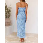 Zesica Womens 2026 Summer Floral Strapless Maxi Dress Bodycon Side Slit Mesh Formal Cocktail Party Wedding Guest Long Dresses