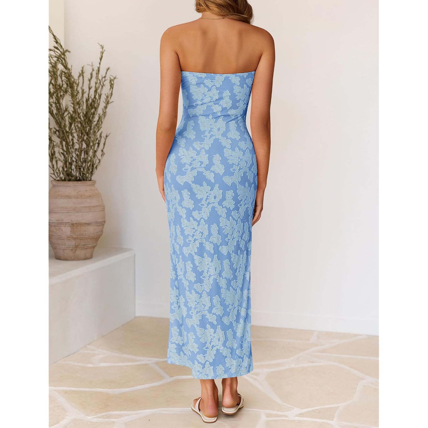 Zesica Womens 2026 Summer Floral Strapless Maxi Dress Bodycon Side Slit Mesh Formal Cocktail Party Wedding Guest Long Dresses
