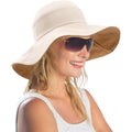 Womens Foldable Shapeable Brim Sun Hat UPF 50+ Cotton Wide Brim Beach Adjustable Chin Strap Hat Sun Protection Cap Beige