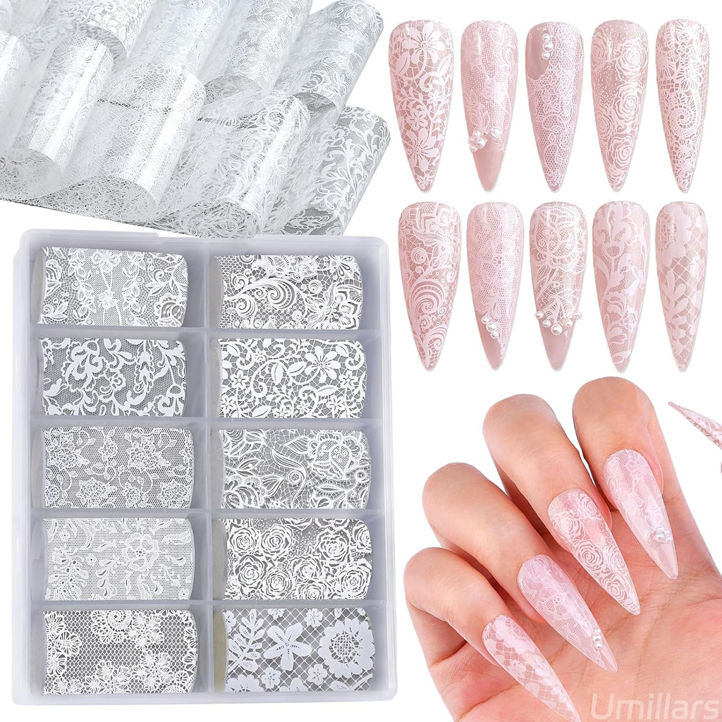 White Lace Nail Foil Transfer Stickers, 10 Rolls Nail Lace Flowers Stickers Design Holographic Nail Foils Transfer Paper Nail Art Decals for Women DIY Acrylic Nails Manicure Wraps Salon Decoration
