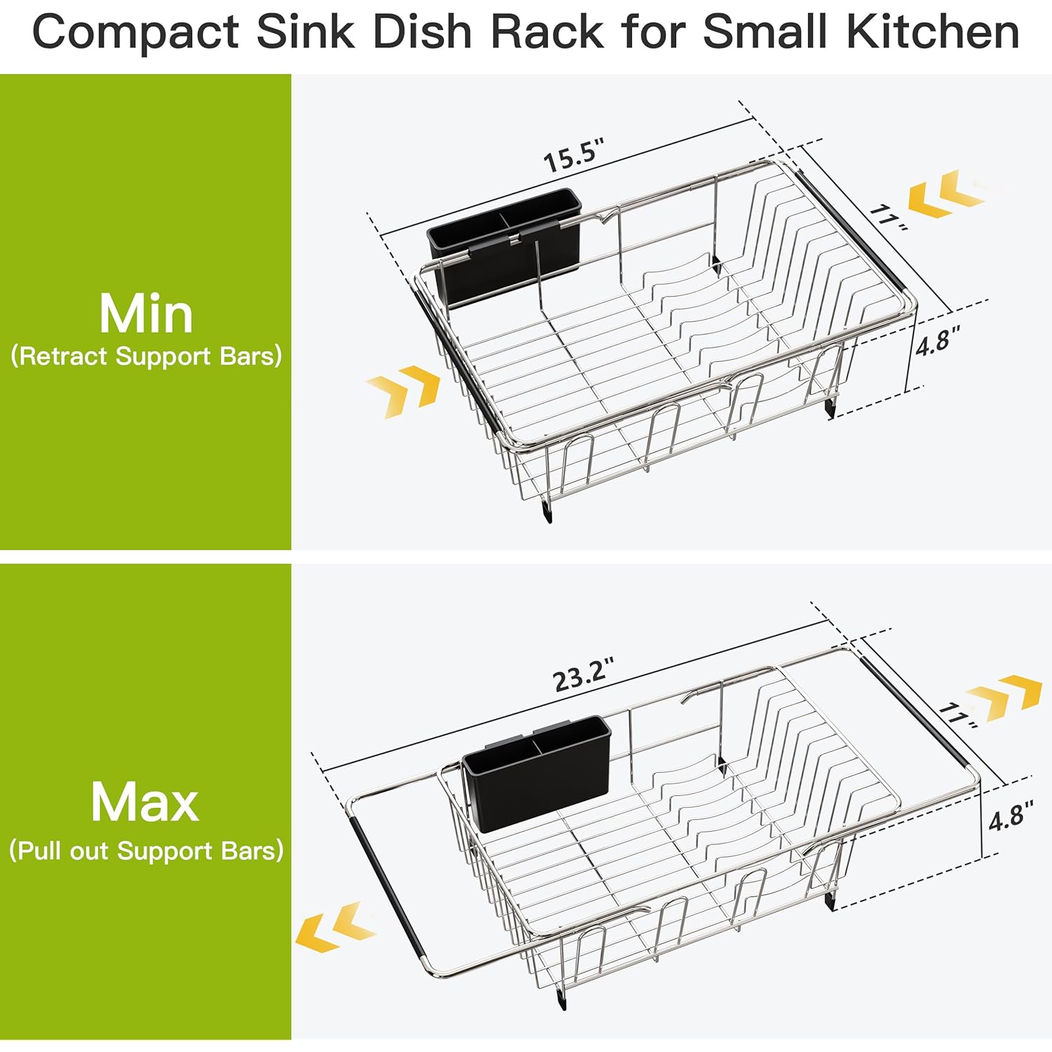 JASIWAY Dish Drying Rack in Sink, Expandable Stainless Steel Dish Drainers for Kitchen Counter, Dish Dryer Rack for Inside Sink, Over The Sink Dish Racks with Utensil Holder, Silver