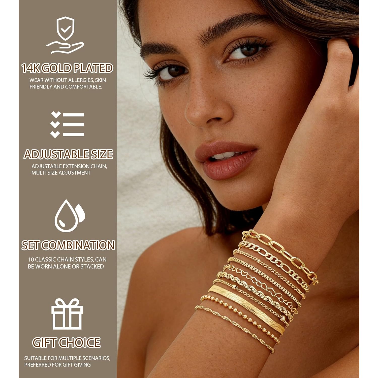 10 Pcs Gold Bracelets Set for Women, 14K Gold Plated Stackable Cuban Link Paperclip Chain Bracelet Pack, Dainty Gold Bracelets Stack Jewelry Gift