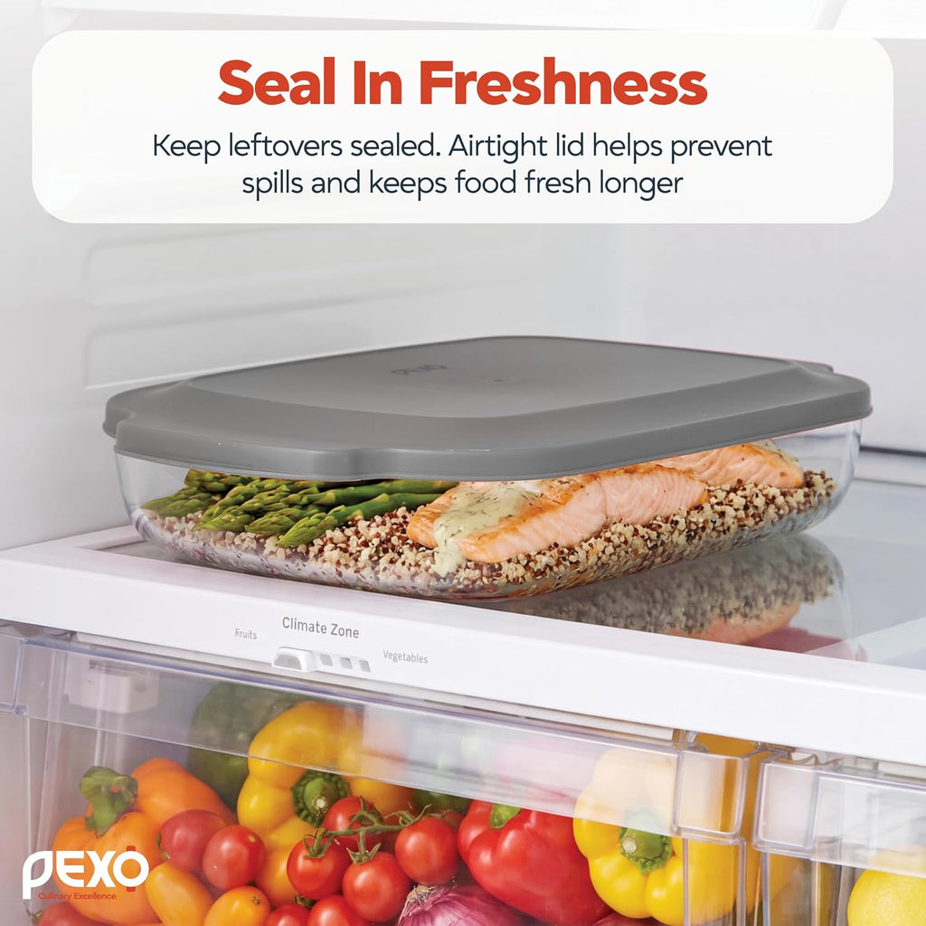 Pexo Glass Baking Dish With Lid, 9X13 Deep Lasagna Pan, Easy Grip Silicone Handles, Oven Safe Casserole Dish, Freezer, Dishwasher, And Microwave Safe (Gray)