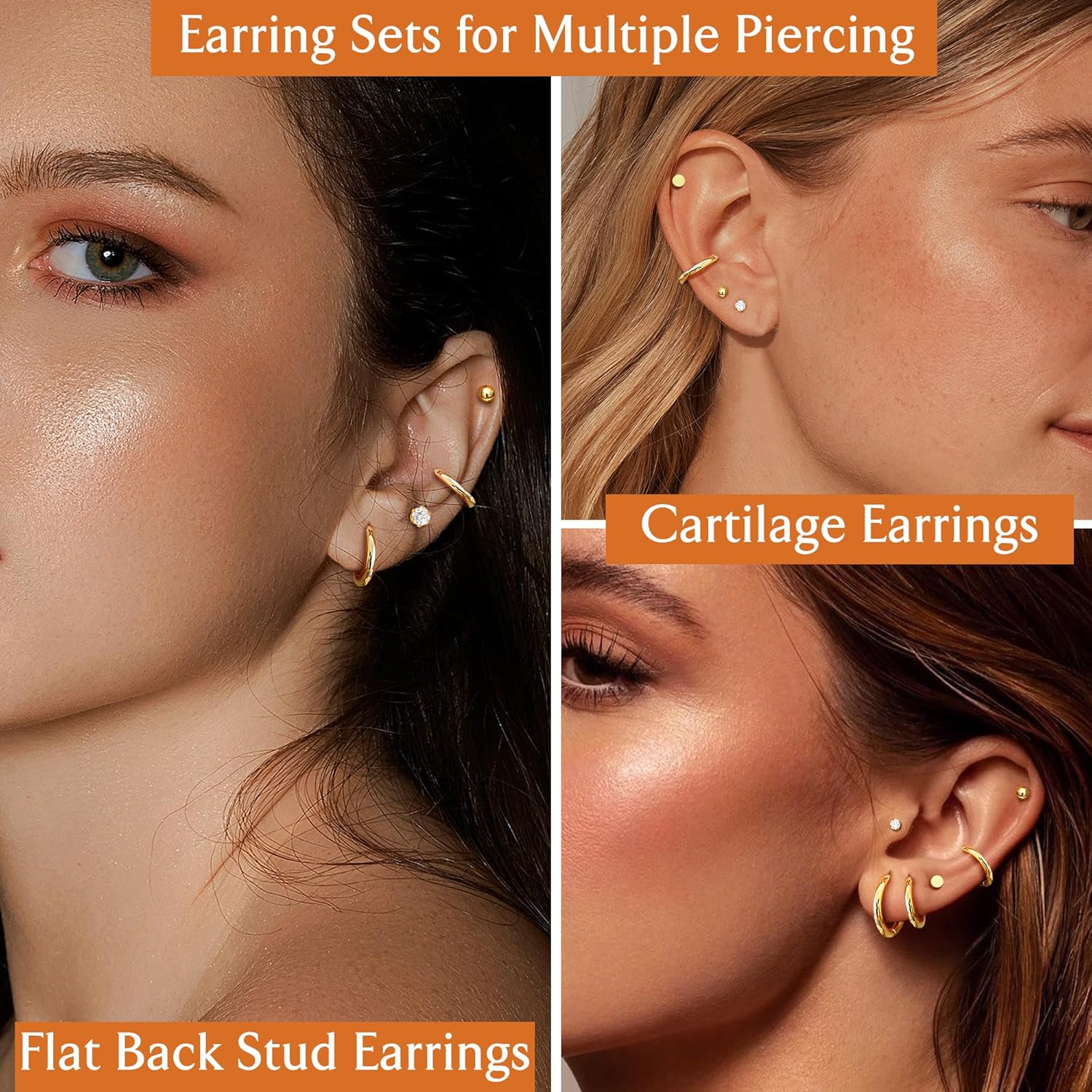 FASACCO Small Tiny Stud Flat Back Earring Hypoallergenic Gold Studs 14K Surgical Steel Earring Sets for Multiple Piercing Cartilage Hoop Earrings