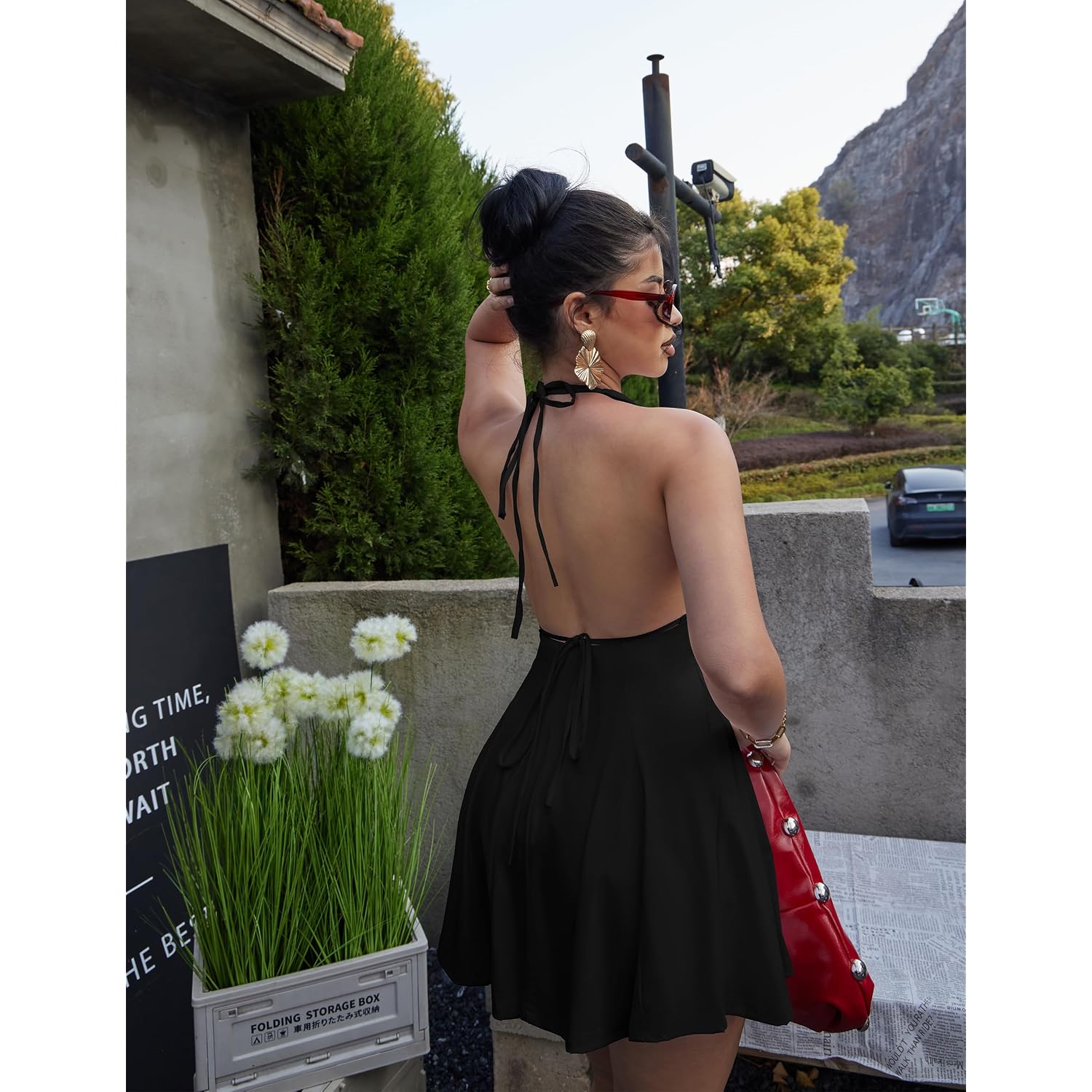 Beagimeg Women'S Sexy Bodycon Sleeveless Halter Tie Up Back Backless Deep V A-Line Club Party Mini Dress