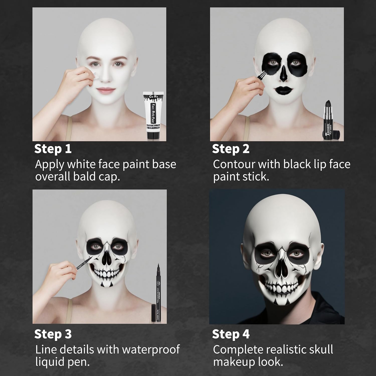 Go Ho Halloween Makeup Kit For Jack Cosplay Costume - Complete 8-Piece Professional Skeleton Makeup With Bald Cap,Pro-Aide Adhesive,White Body Paint,Black Lipstick,Black Eyeliner & Applicators