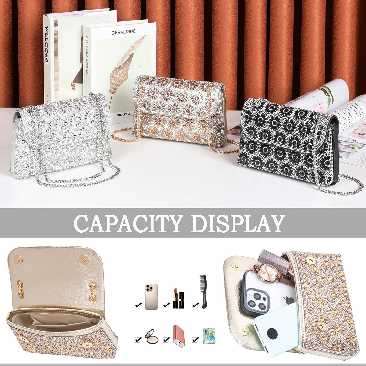 BBTT.ful Shoulder Bags Crossbody Bag Purses Handbags Crystals Rhinestone Evening Bag for Women Clutch Purse with Chain