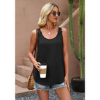 Ofeefan Tank Top For Women Loose Fit Crew Neck Sleeveless Shirts Strap Lace Camisole Chiffon Summer Tops Curved Hem