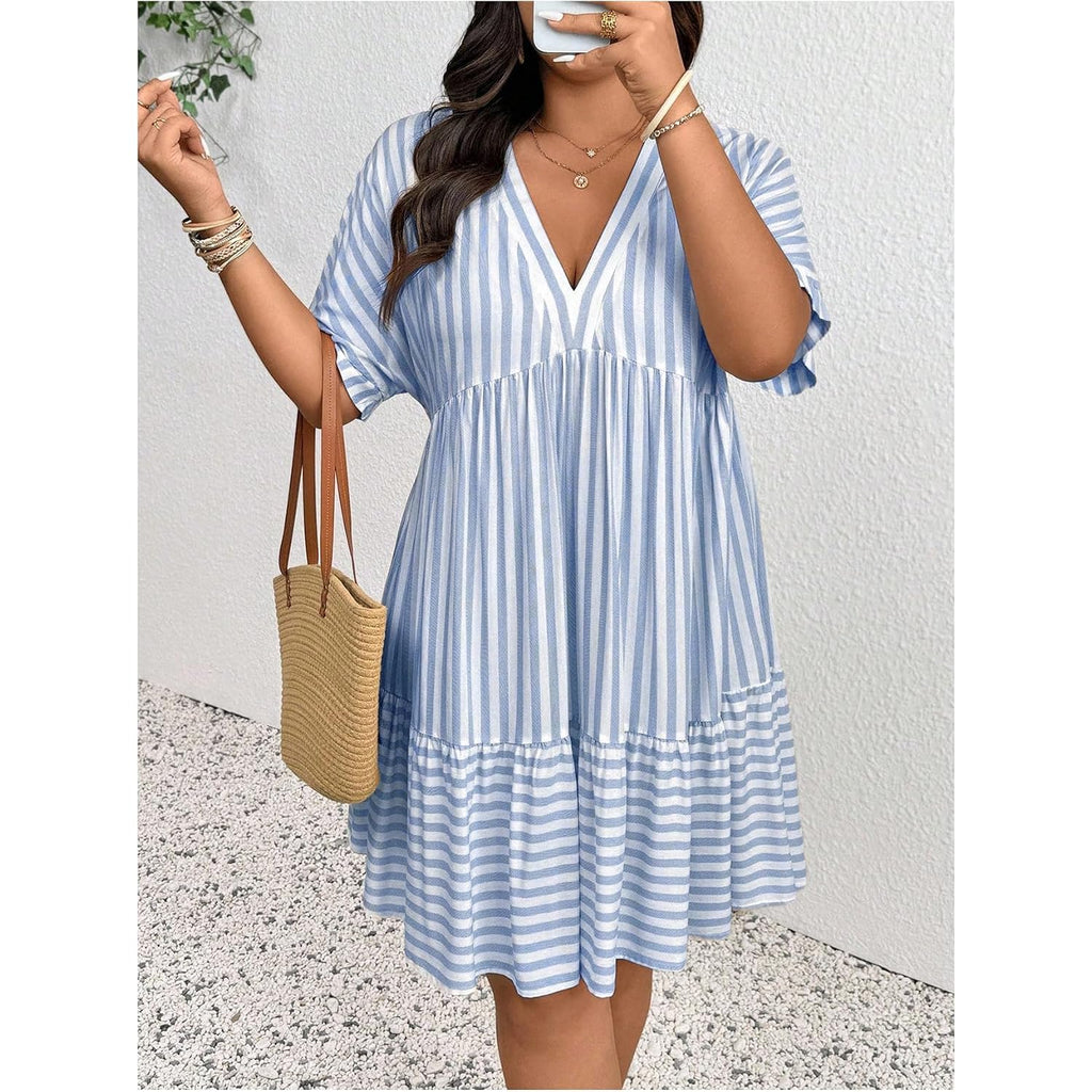 Soly Hux Women'S Plus Size Striped Ruffle Dress Summer Deep V Neck Half Sleeve Flowy Babydoll Dresses