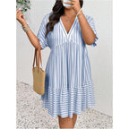 Soly Hux Women'S Plus Size Striped Ruffle Dress Summer Deep V Neck Half Sleeve Flowy Babydoll Dresses