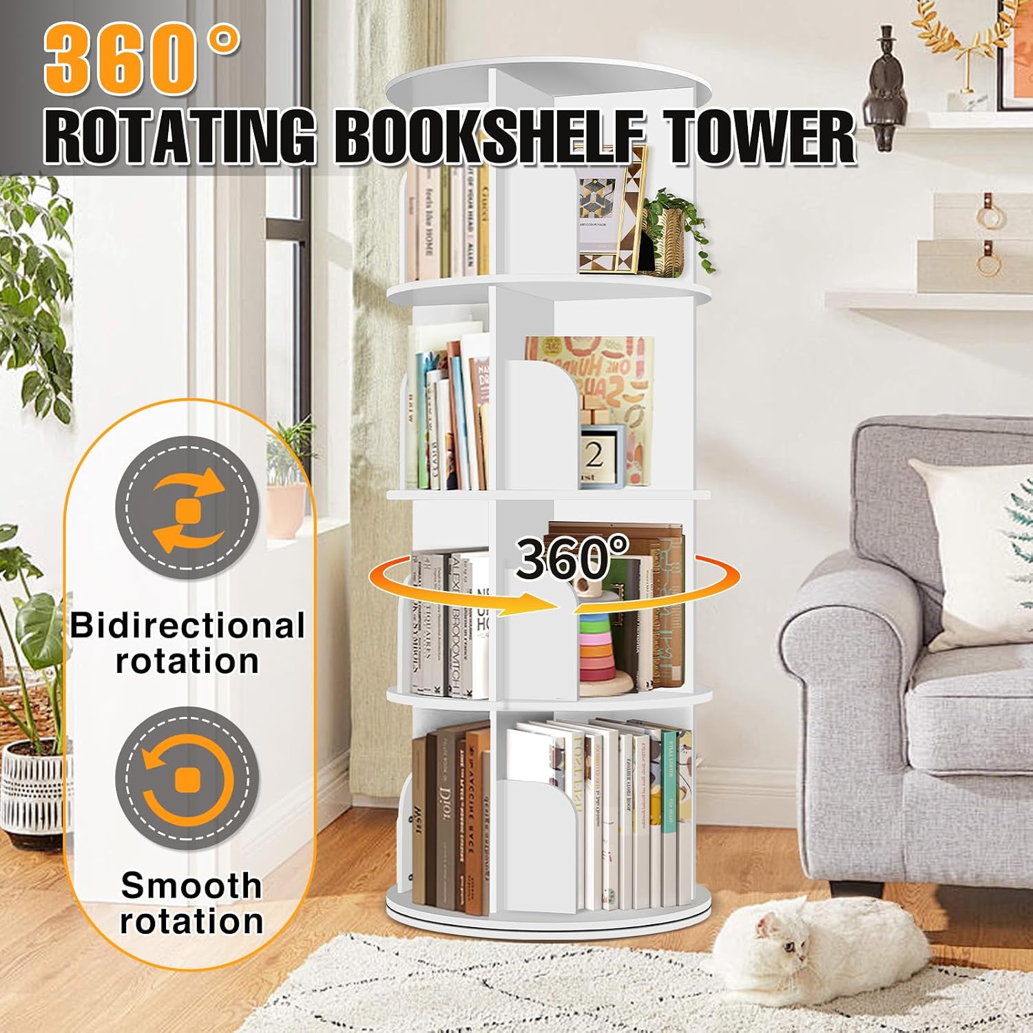 4 Tier Rotating Bookshelf Tower, Spinning Bookshelf, Revolving 360° Bookcase Storage Round Carousel, Vertical Rotate Turning Spiral Corner Organizer Lazy Susan, White