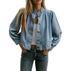 Women'S Denim Jacket With Puff Sleeves Button Down Jean Top Outfit Casual Vintage Shacket For Women