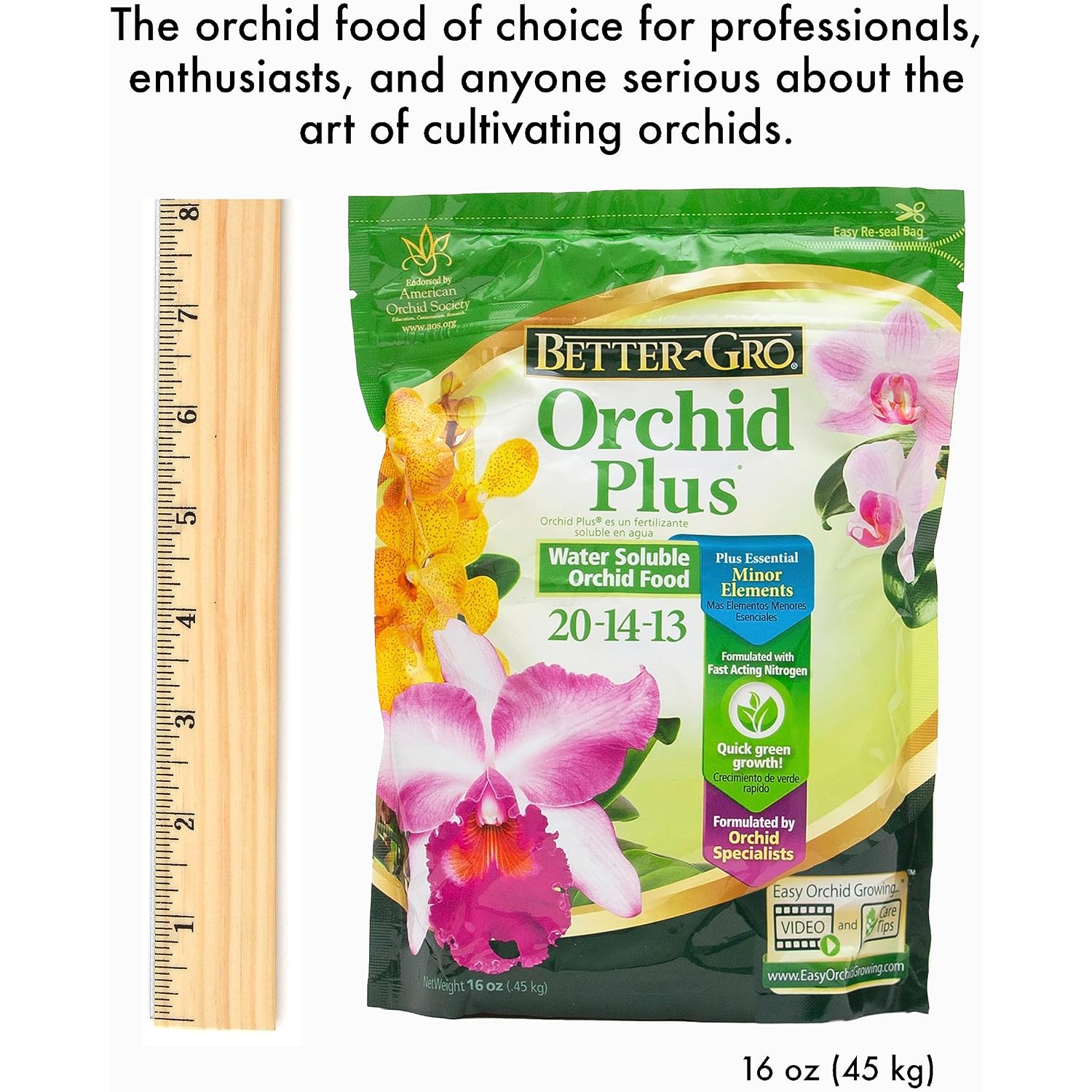 Better-Gro Orchid Plus 20-14-13 - Urea-Free Orchid Fertilizer For Vigorous Growth, Water Soluble, Nitrate Nitrogen-Rich, Ideal For Indoor Potted Plants And Tropical Plants - 16 Oz Resealable Bag