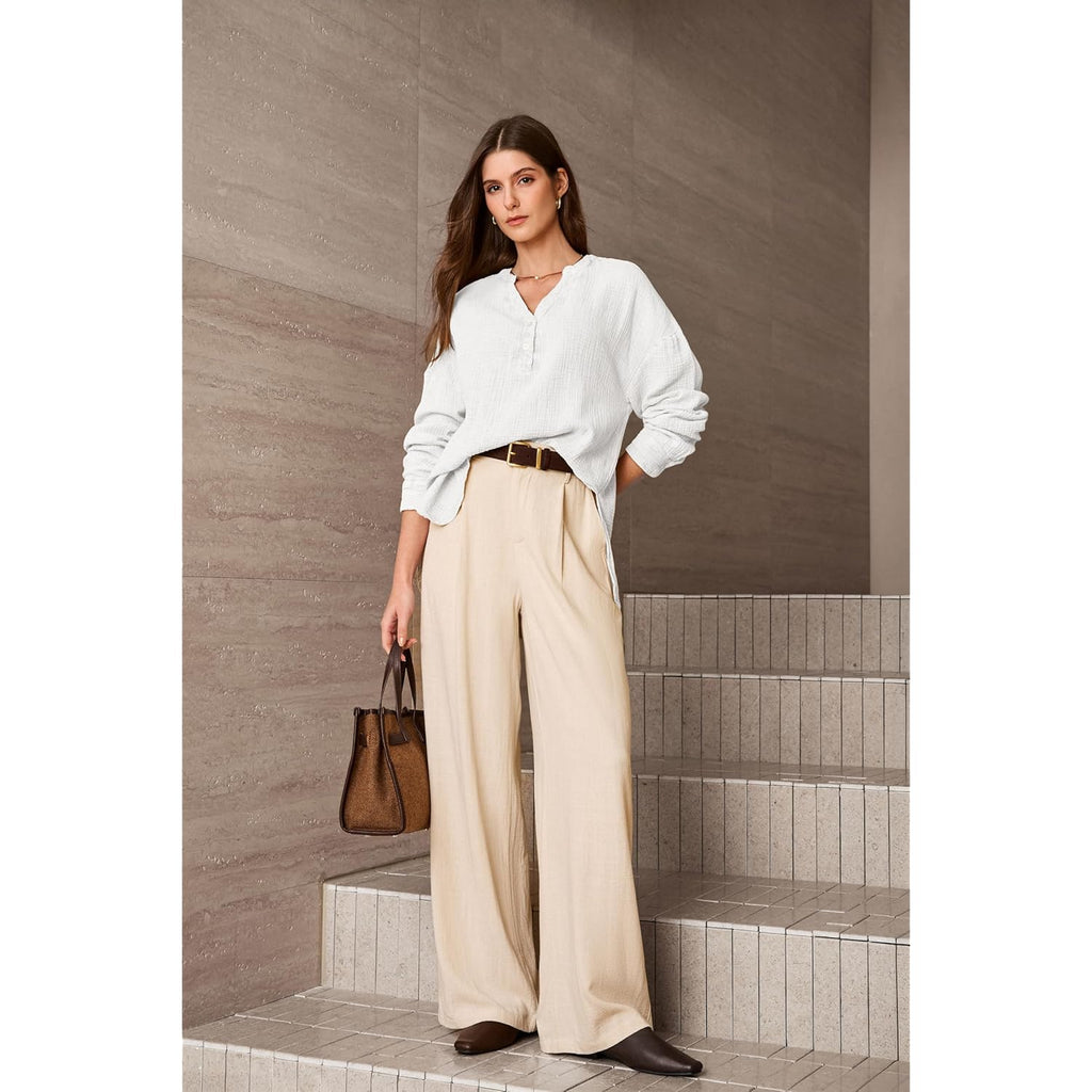 Womens Casual Button V Neck Long Sleeve Shirts Oversized Solid Blouses Tops