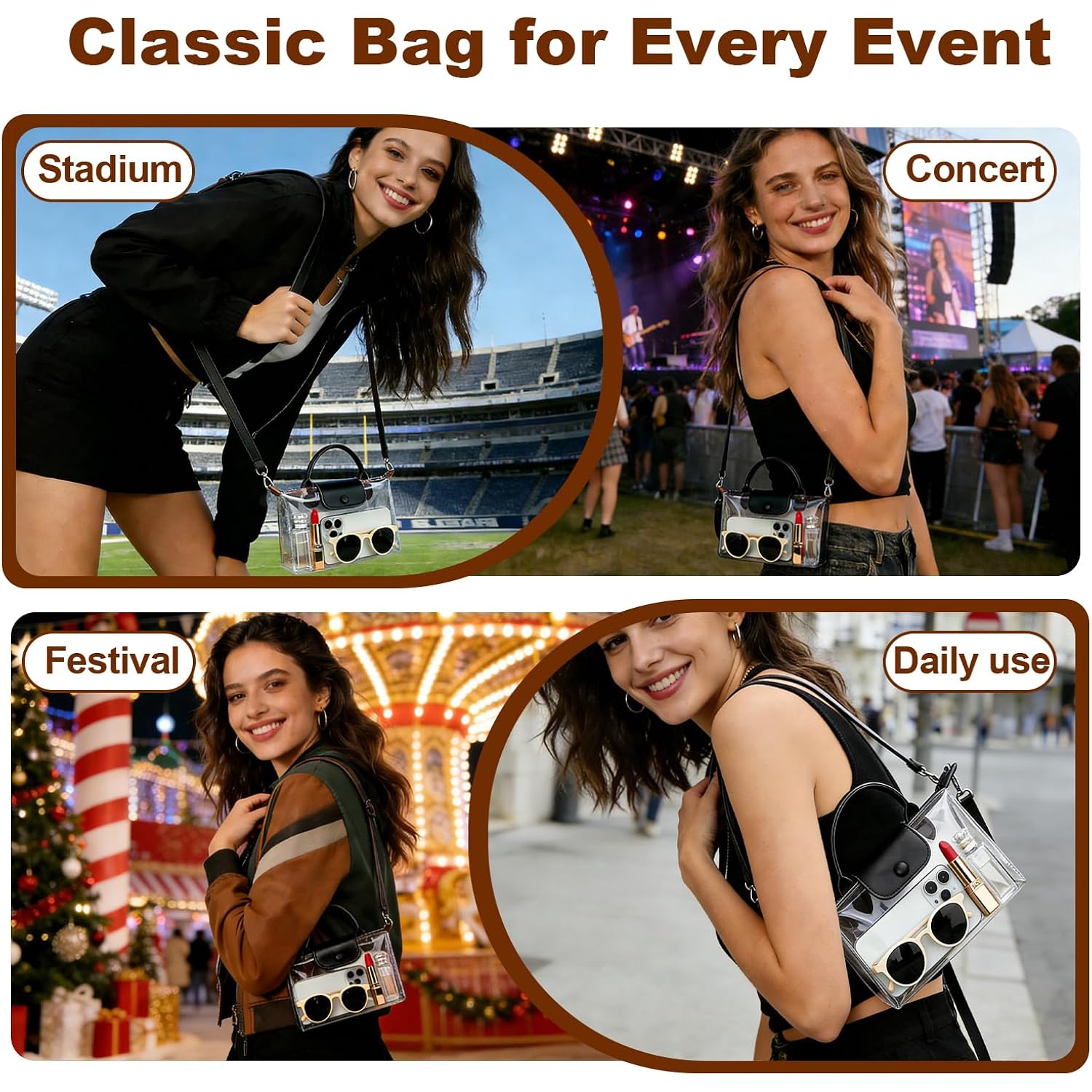 Clear Bag for Stadium Events, Small Crossbody Purse for Concerts, Sports Events World Cup, Durable Waterproof